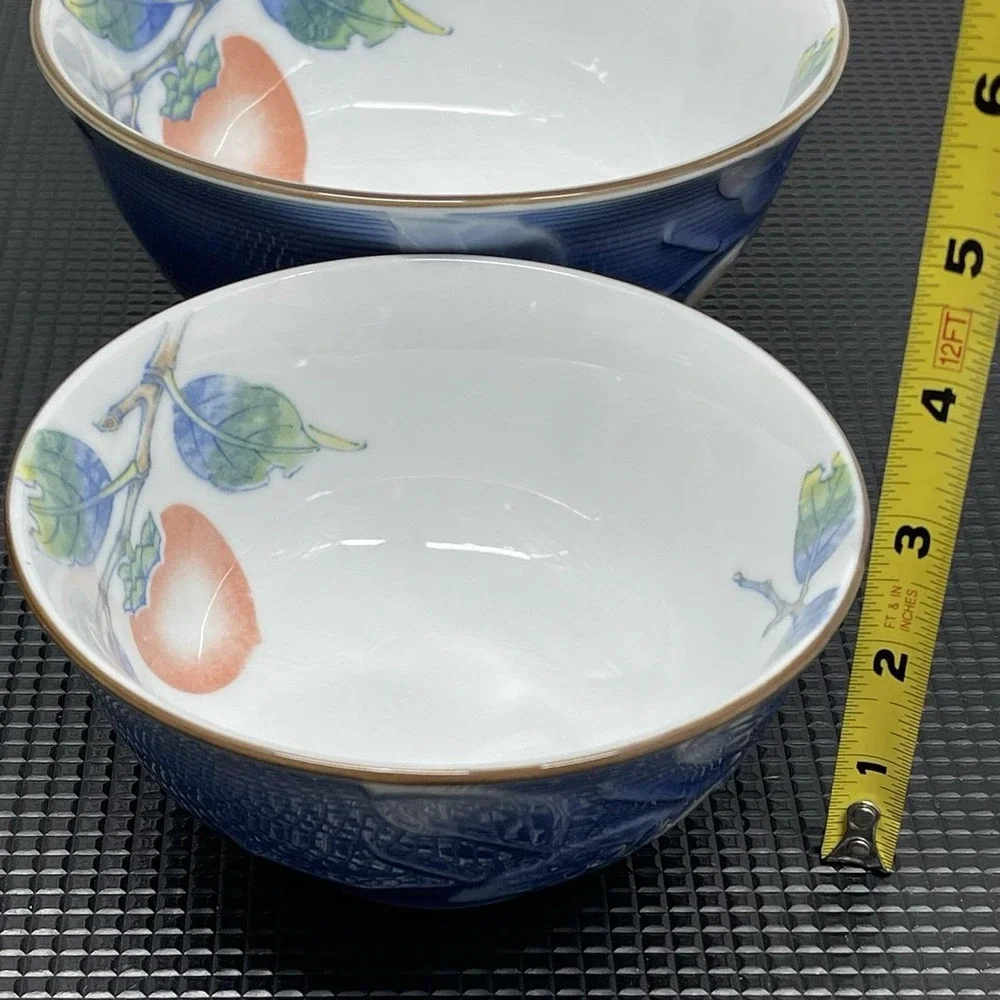 Vintage Andrea by Sadek‎ Japanese Hand Painted Bowls Set Blue Embossed Persimmon